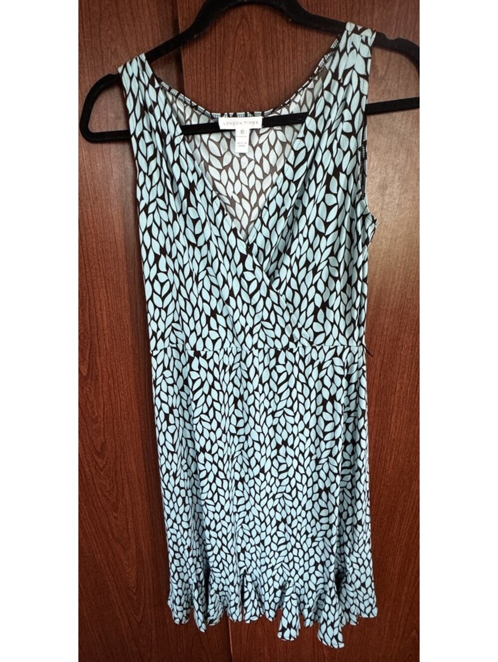 London Times Dress Womens 10 Blue Brown Abstract Faux Wrap Sleeveless